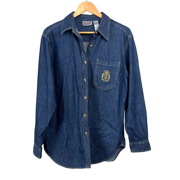 Bill Blass Jeans Tops - Bill Blass Women M Denim Button Down Shirt Embroidered Crest 90s Preppy Academia